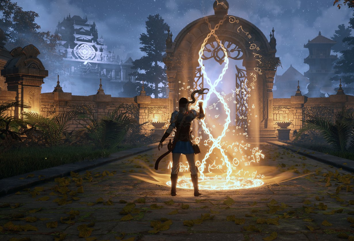 Into The Echo — a traveller opening a time portal at a temple gate